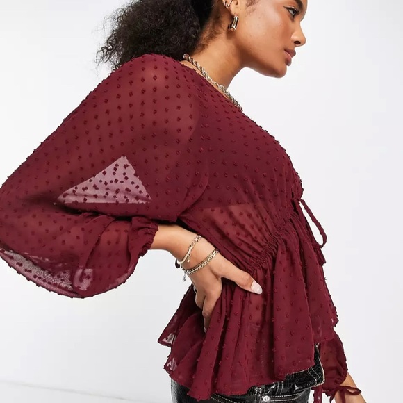 ASOS Long Sleeve Sheer Smock in Berry - Picture 4 of 4